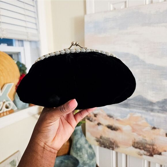 VTG Black Velvet Cocktail Clutch | Rhinestone Trim & Kiss Lock Closure - Picture 15 of 15